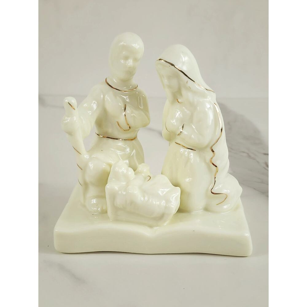 Mini Nativity Joseph Mary & Baby Jesus Figurine 4" Porcelain 80s Gold Trim Vtg